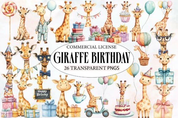 Download Giraffe Birthday Watercolor Clipart - Premium Bundle